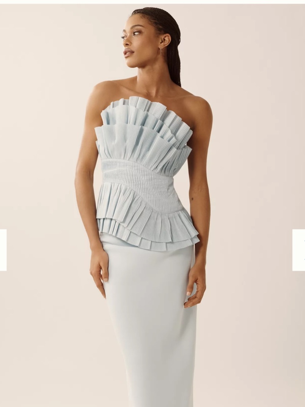 Acler Strapless Pleated Ruffle Top in Pale Blue